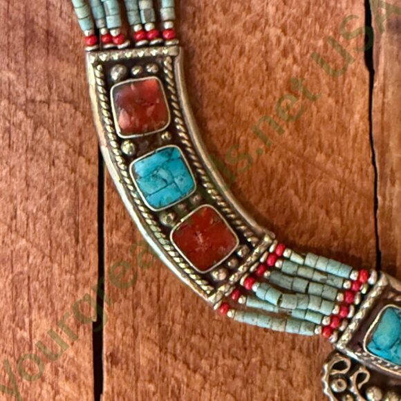 Tibetan Alpaca Silver Turquoise & Coral Mosaic Beaded Necklace - Picture 4 of 5